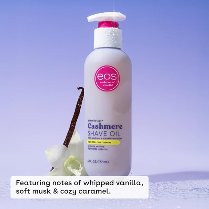 eos Cashmere Bikini Shave Oil Serum 6 fl oz white bottle with pink pump cap