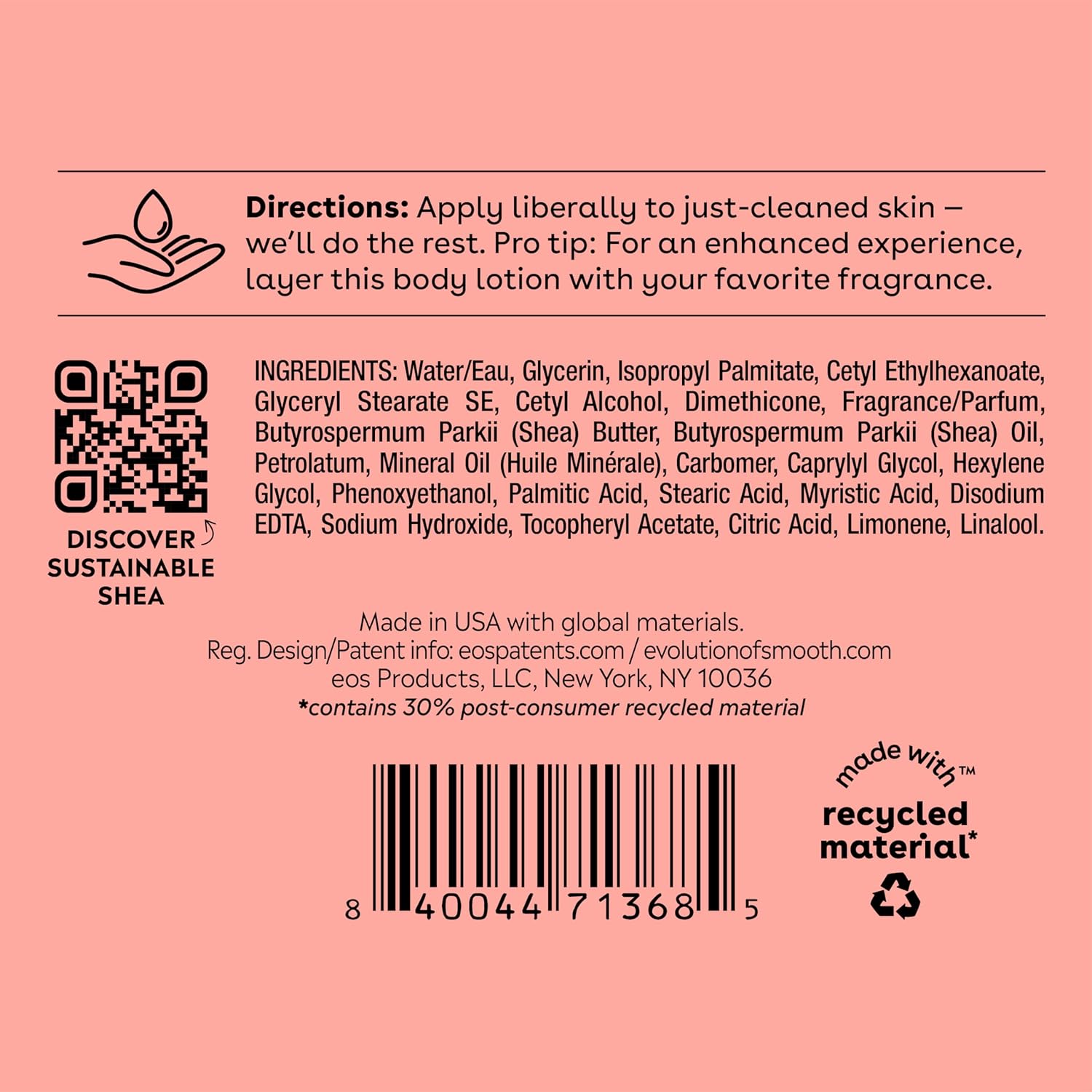 eos Pink Champagne Body Lotion 16oz bottle back label with directions and ingredients