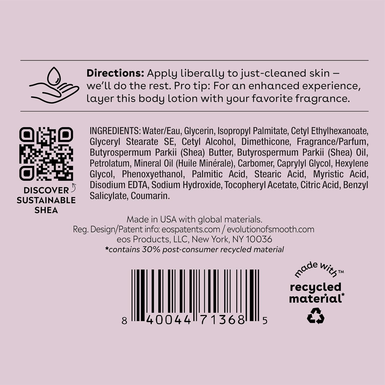 eos Shea Better Moisture Body Lotion Coconut Waters 16 fl oz bottle back label