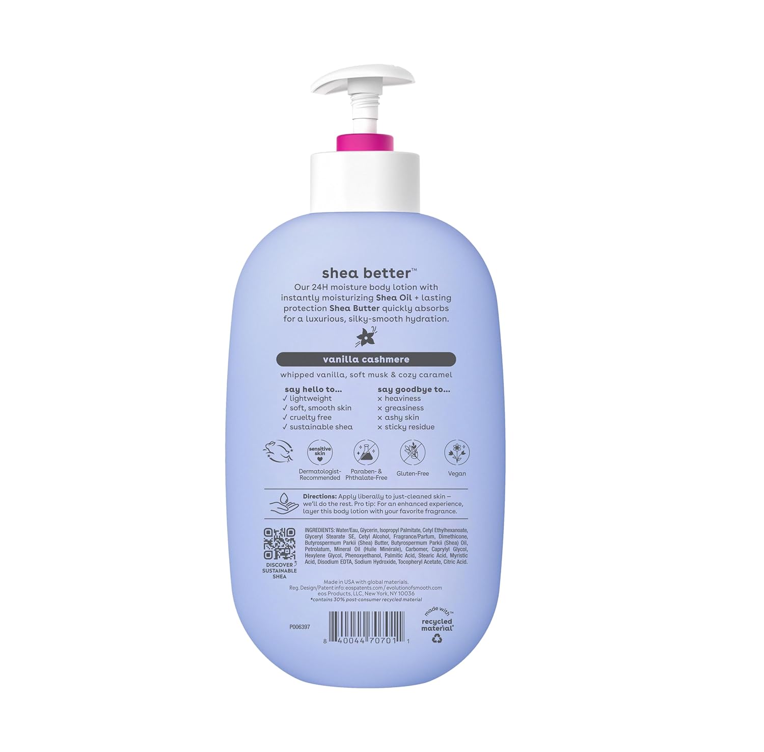 eos Shea Better Moisture Body Lotion Vanilla Cashmere 16 fl oz bottle with pump dispenser