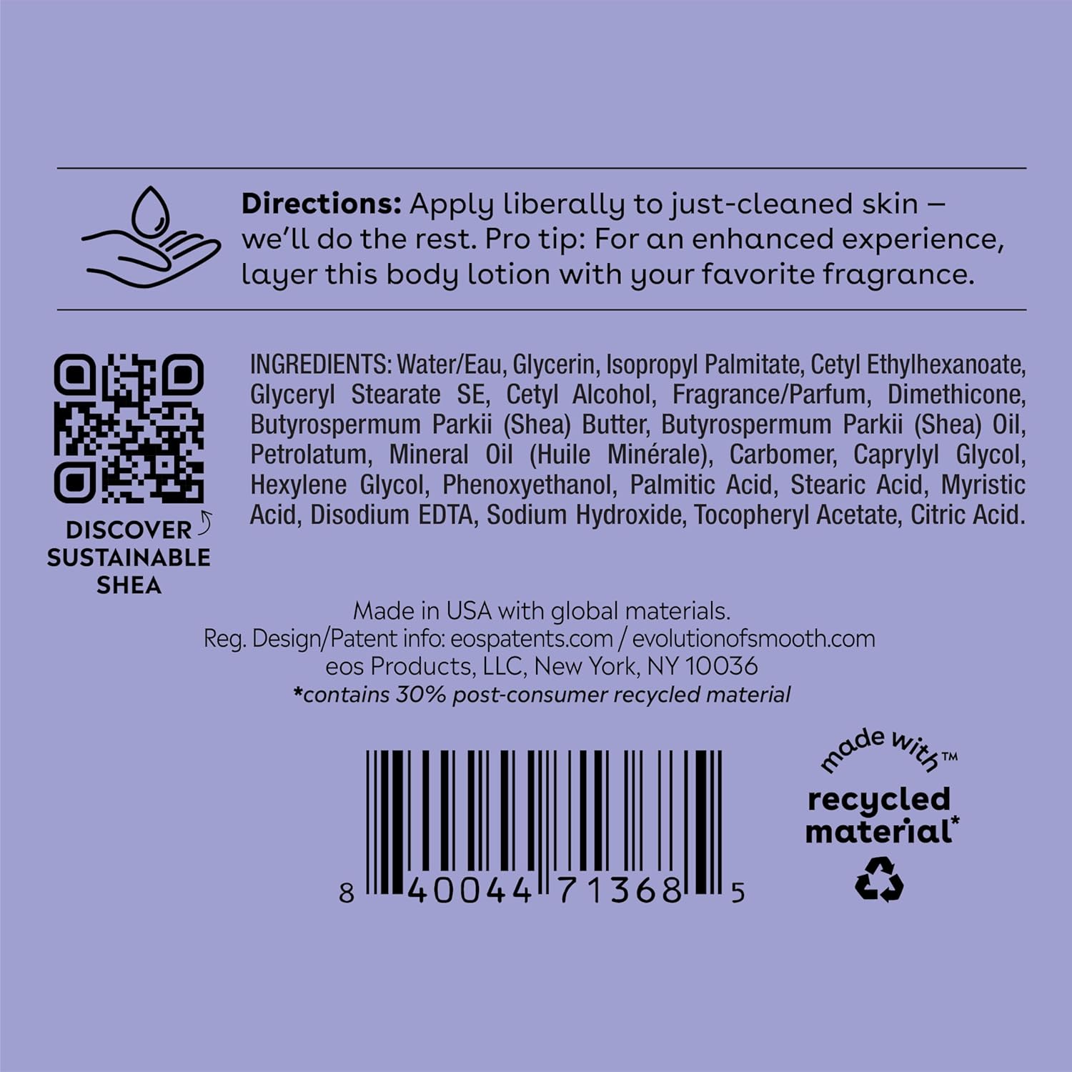 eos Shea Better Moisture Body Lotion Vanilla Cashmere 16 fl oz bottle back label