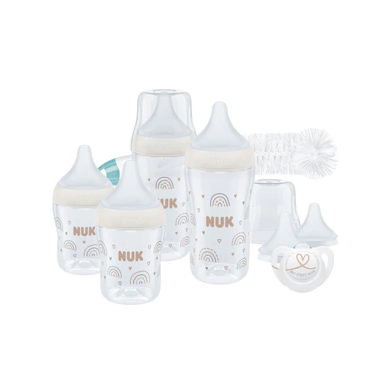 NUK Perfect Match starter set with rainbow design bottles and accessories