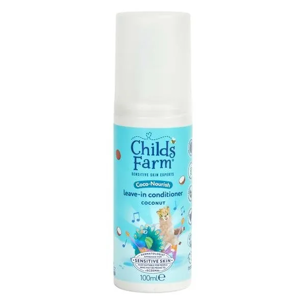 Childs Farm Coco-Nourish leave-in conditioner spray 100ml bottle turquoise label