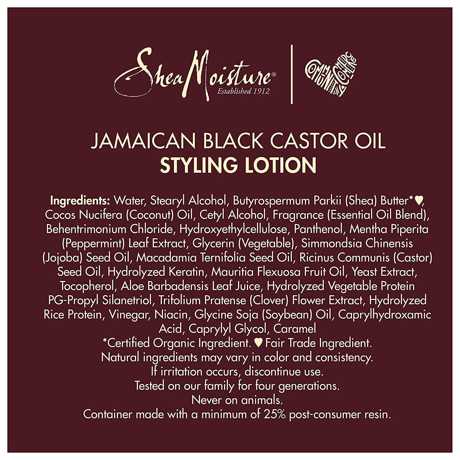 Shea Moisture Jamaican Black Castor Oil Styling Lotion 236 ml bottle on burgundy background