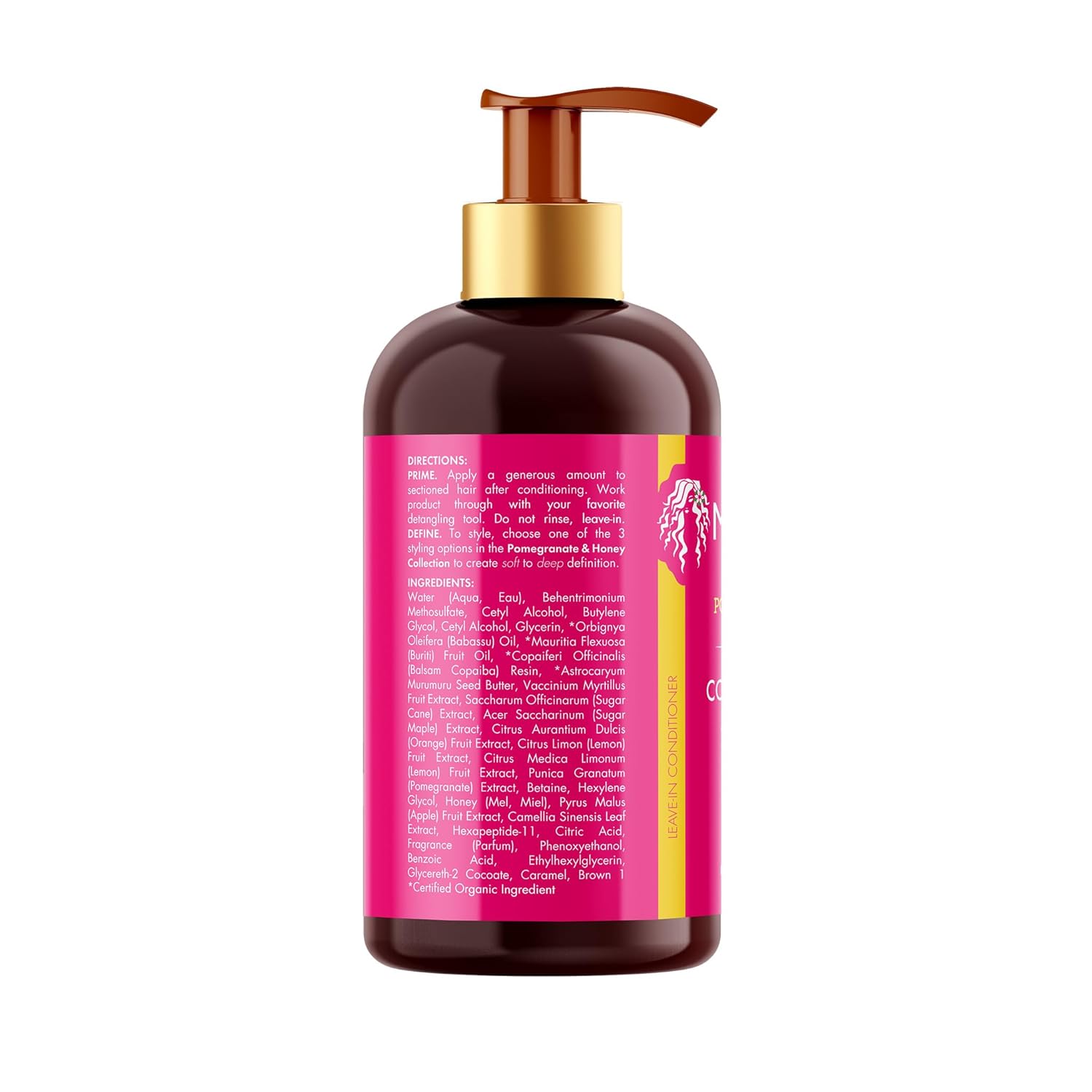 Mielle Pomegranate and Honey leave-in conditioner 355 ml bottle with gold pump and pink label