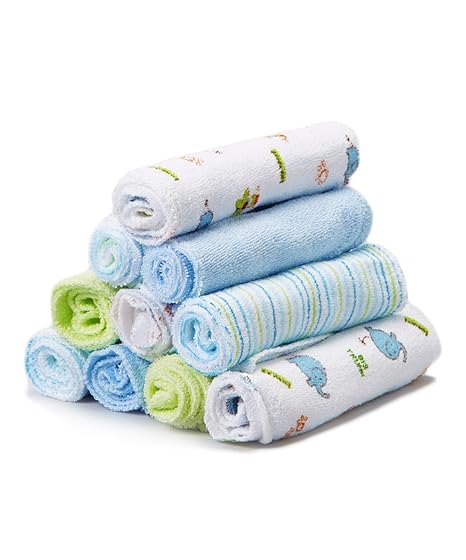 Spasilk pack of 10 terry washcloths, blue elephants and striped patterns, newborn bathtime