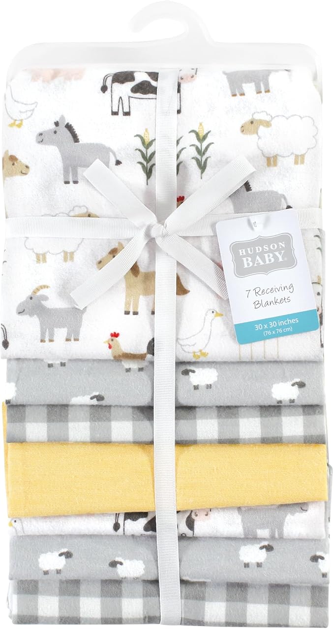 Hudson Baby cotton flannel receiving blankets bundle, farm animals, seven pack