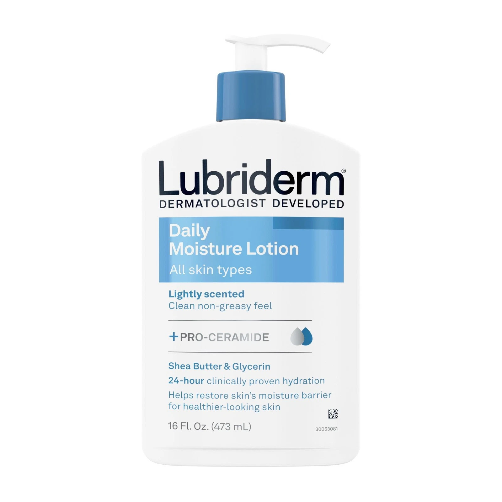 Lubriderm Daily Moisture Lotion lightly scented 16oz pump bottle with blue cap