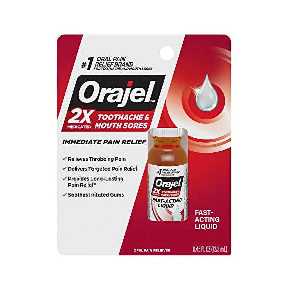 Orajel 2x medicated toothache and mouth sores fast-acting liquid relief bottle
