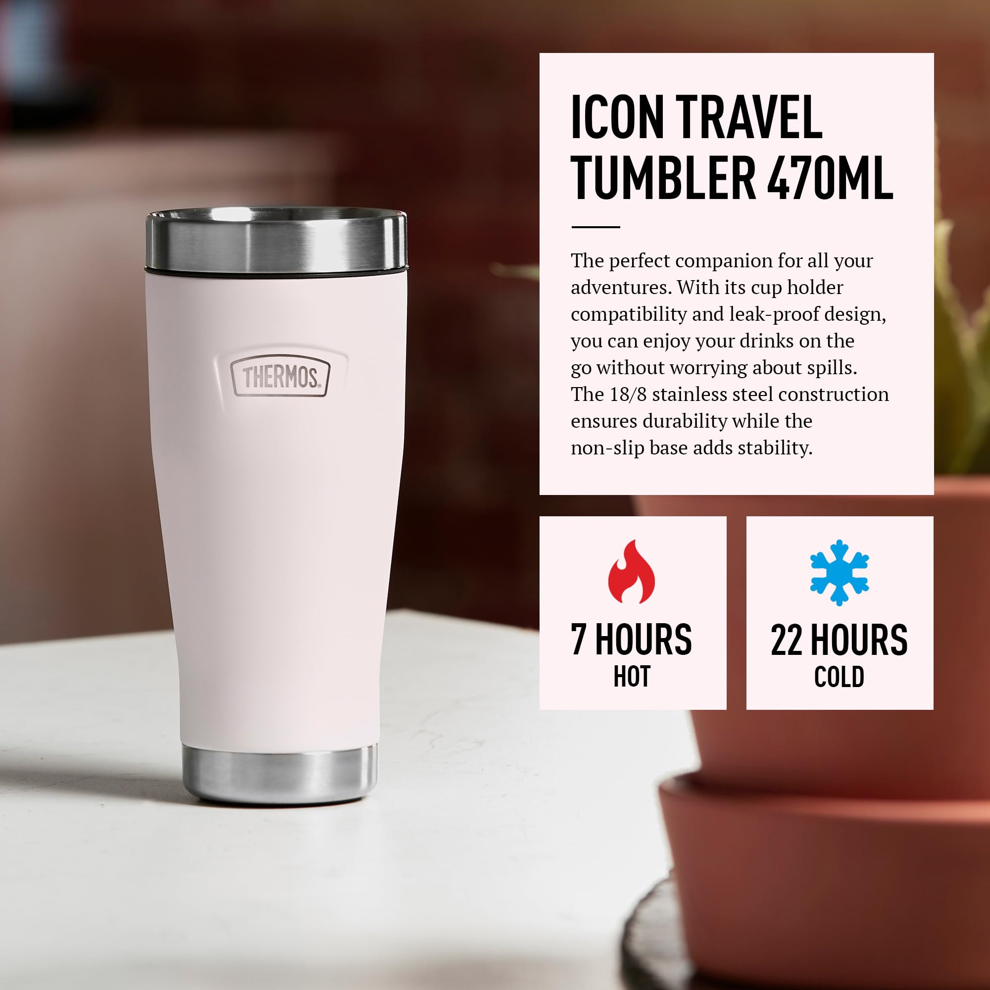 Thermos Icon Travel Tumbler 470ml pink thermal mug with stainless steel band