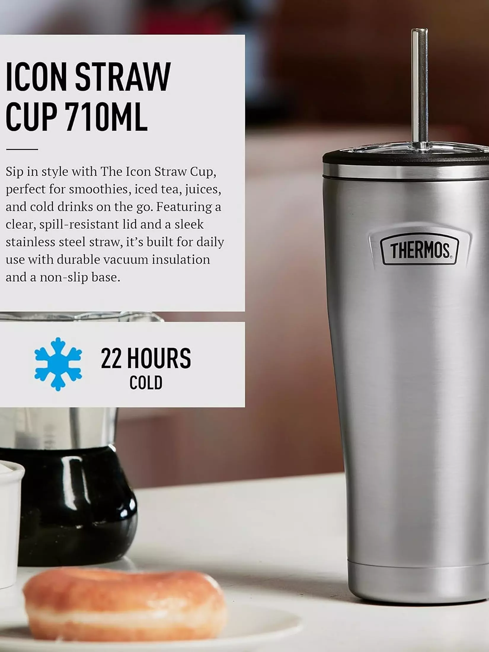 Thermos Icon Straw Cup 710ml silver with black lid and stainless steel straw