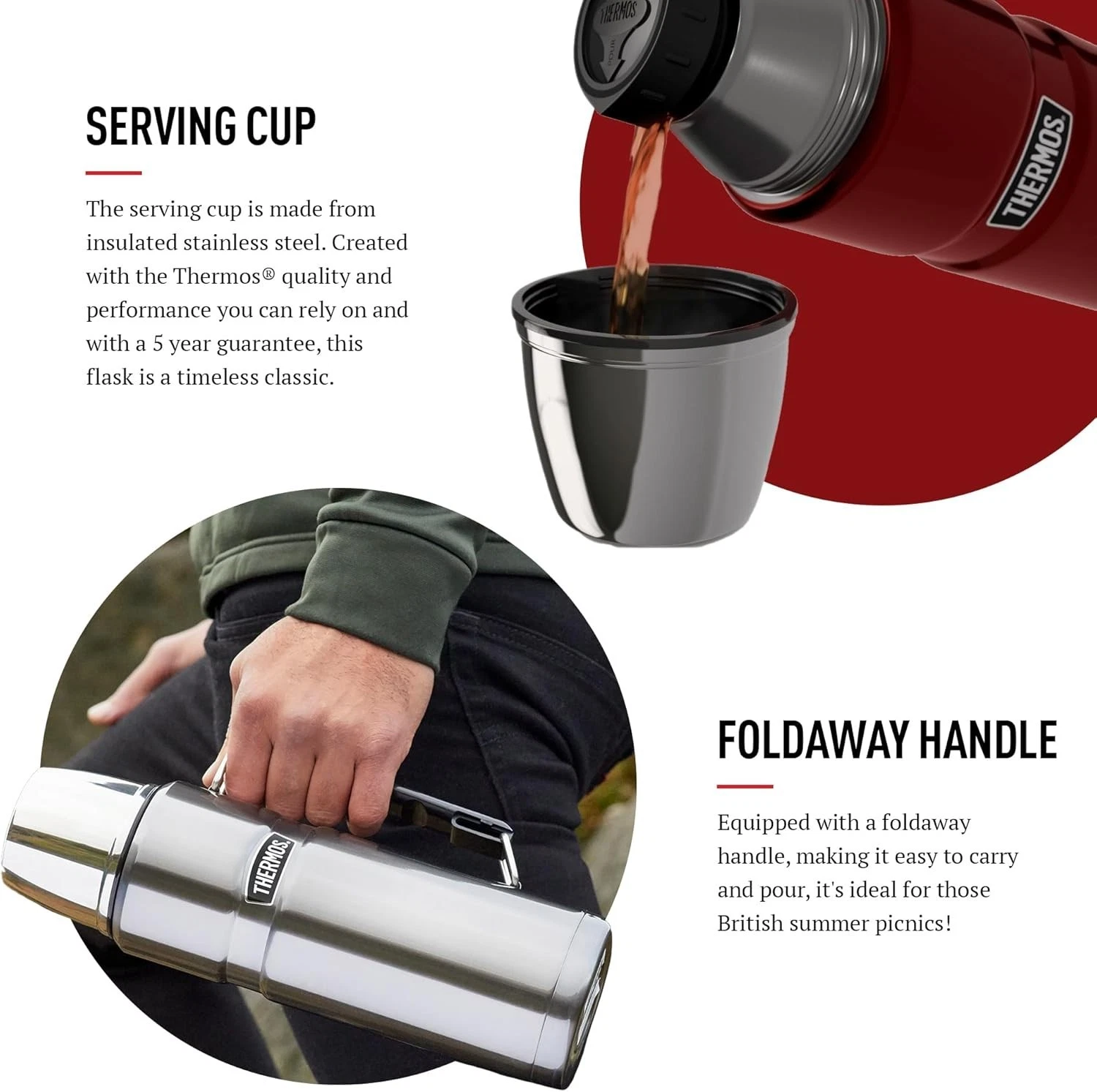 Thermos Stainless King Flask 1.2L red with serving cup and foldaway handle