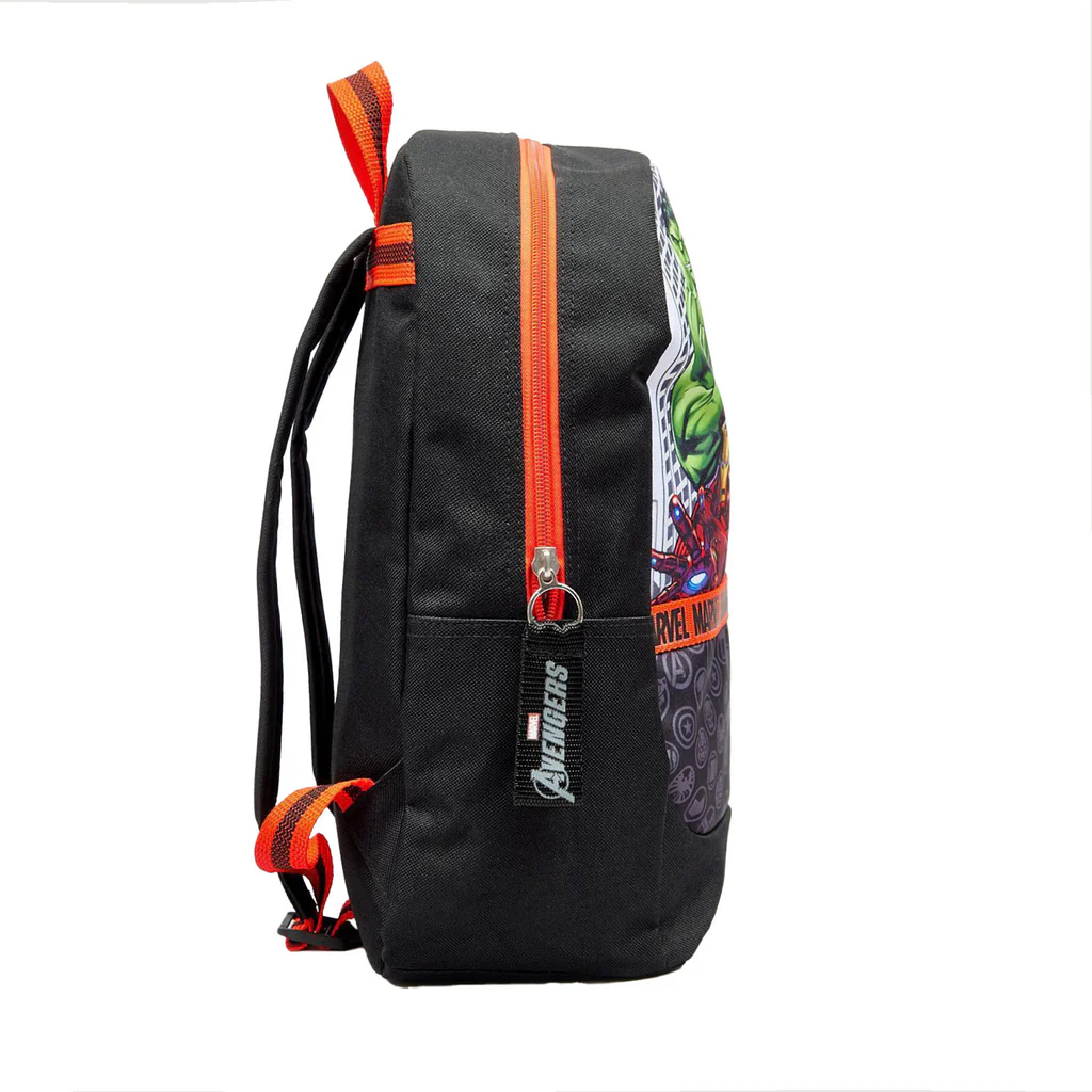 Avengers Hero Sports Panel black backpack with orange zip and straps
