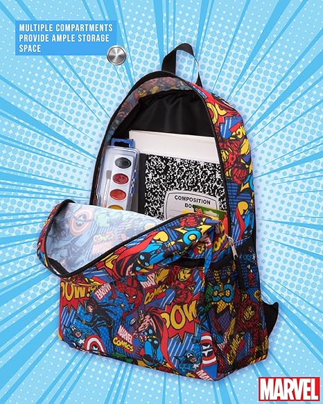 Marvel older kids backpack with multiple compartments and colourful comic print design