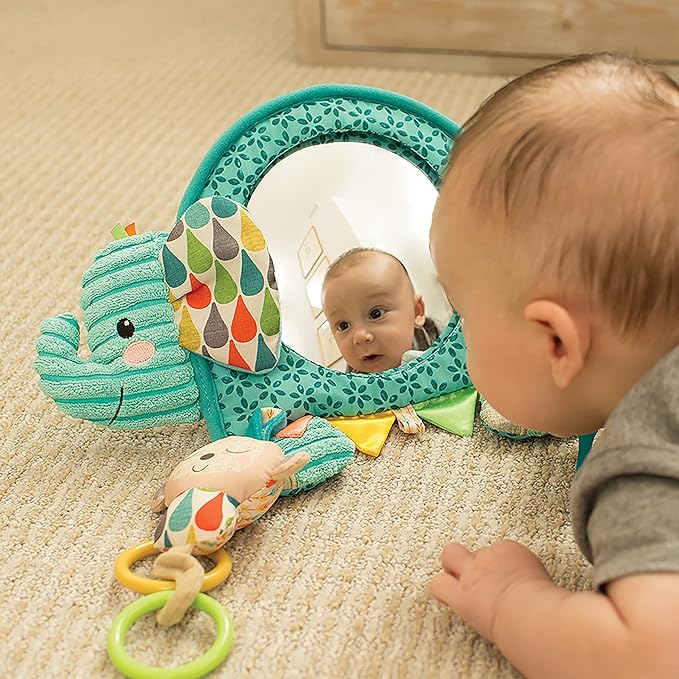 Infantino teal elephant 3-in-1 activity mirror toy with multitextured elements and teethers