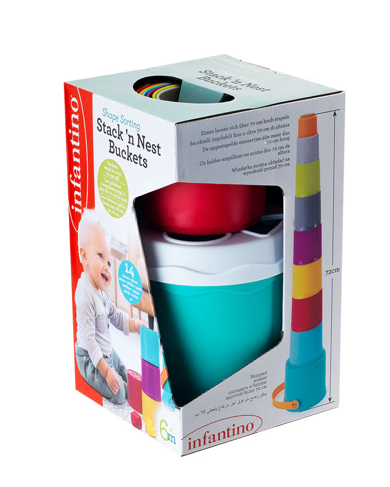 Infantino Shape Sorting Stack'n Nest Buckets with coloured nesting containers and shape sorters