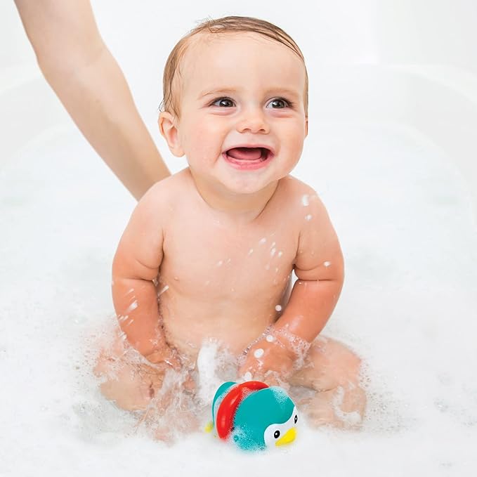 Infantino Kick & Swim Bath Pal Penguin bath toy with red and teal colour