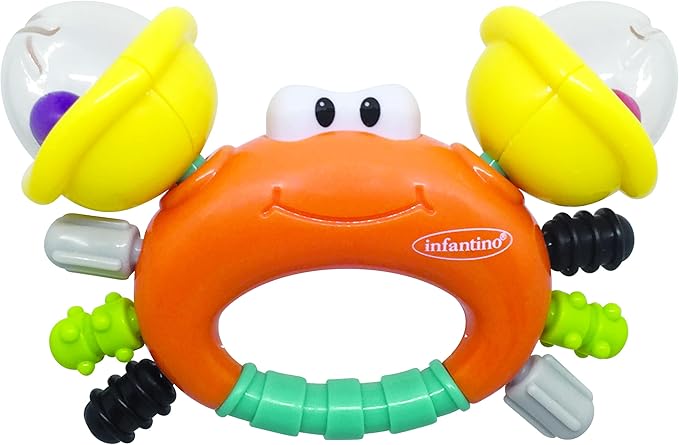 Infantino Sand Crab orange rattle and teether with yellow claws