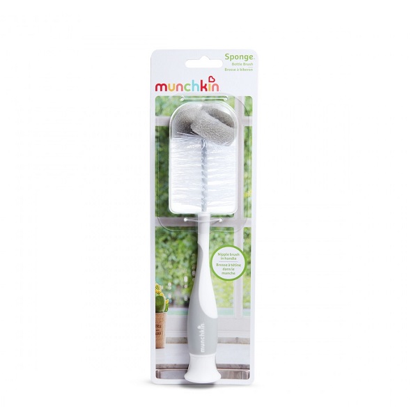 Munchkin Bristle Bottle Brush with grey sponge head and white handle
