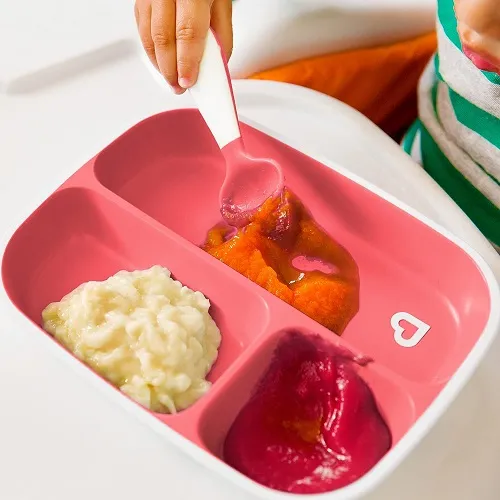 Munchkin pink and purple divided children's cutlery set with utensils