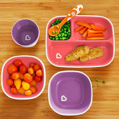 Munchkin pink and purple divided feeding plates with utensil set