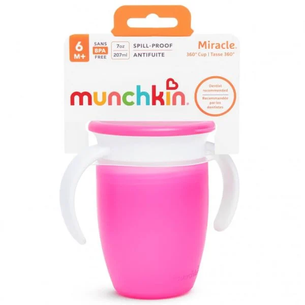 Munchkin Miracle 360 Degree Trainer Cup 7oz pink spill-proof with lid