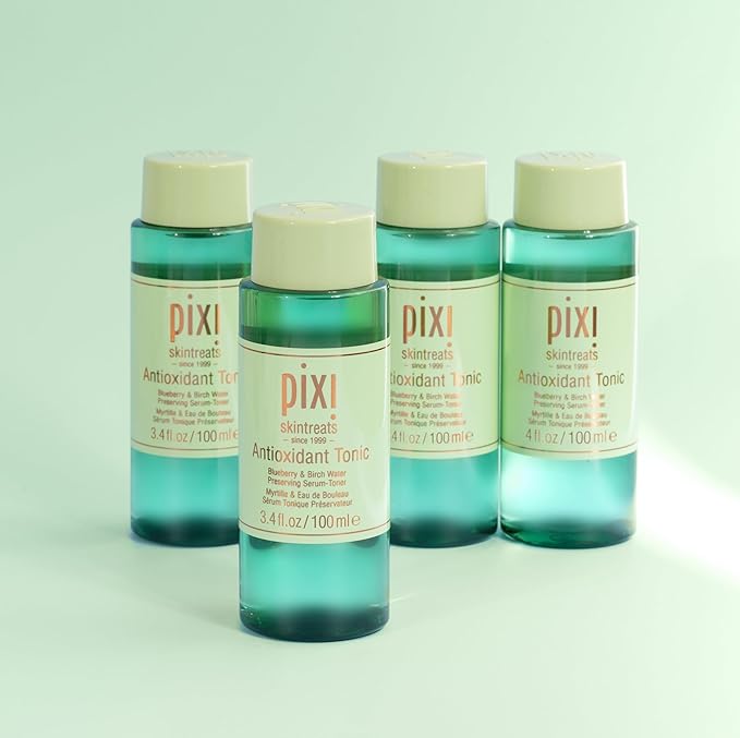 Pixi Antioxidant Tonic 250ml skincare bottles with cream caps, turquoise liquid