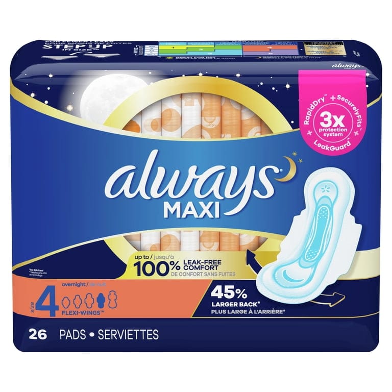 Always Maxi Overnight Size 4 Pads - Heavy Flow Protection 26 Pads