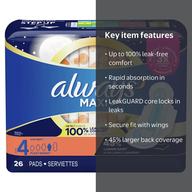 Always Maxi Overnight Size 4 Pads - Heavy Flow Protection 26 Pads — photo 2