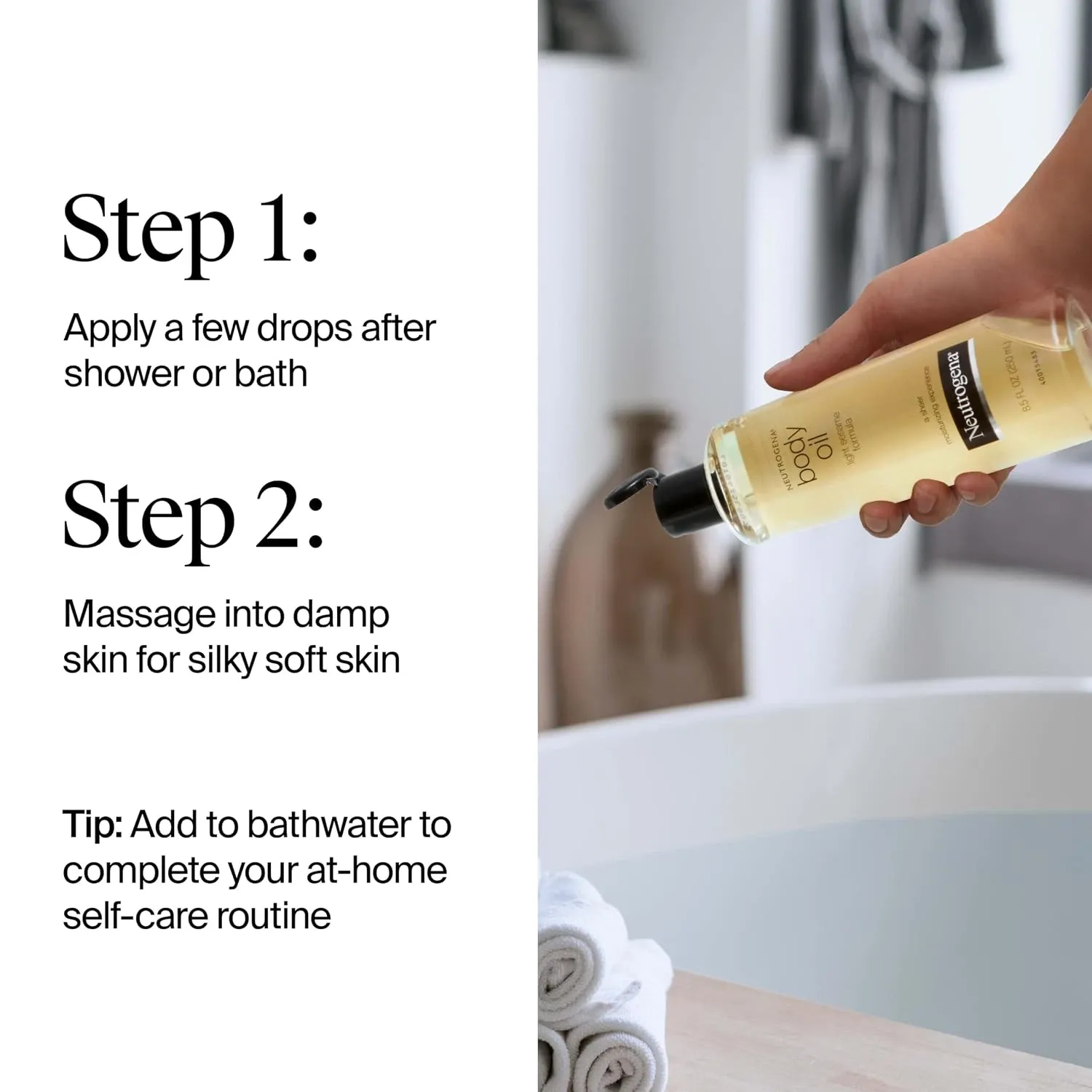 Neutrogena Fragrance-Free Body Oil Light Sesame Formula, Dry Skin Moisturizer & Hydrating Body Massage Oil, for Radiant & Healthy Glow, Nourishing After Shower & Bath Oil, 8.5 fl. oz — photo 3